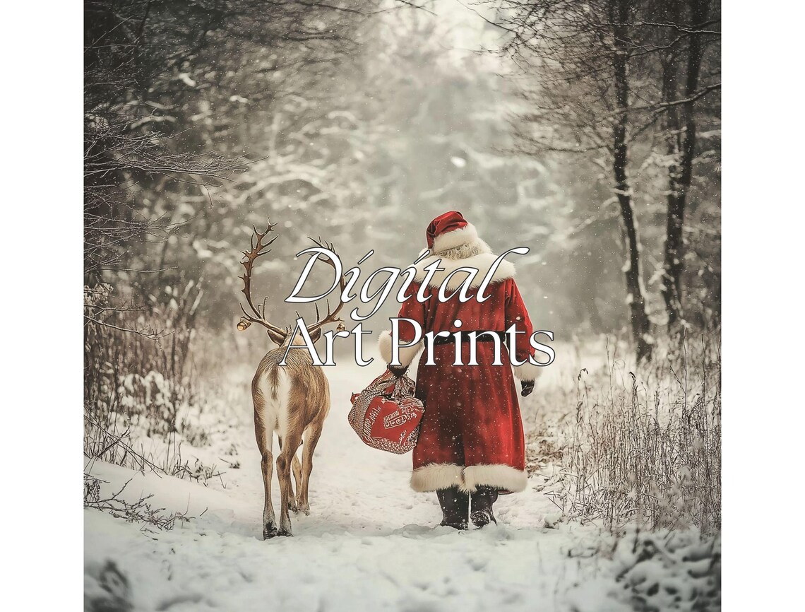 Santa Claus and Reindeer Walking in Snowy Winter Forest Art Poster - Image 2
