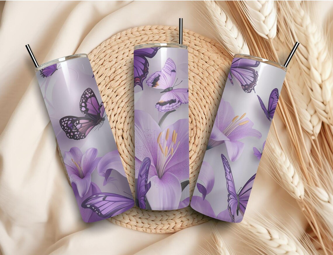 Butterflies Floral Purple 20oz Skinny Seamless Tumbler Wrap Png Sublimation Tumbler Template - Image 5