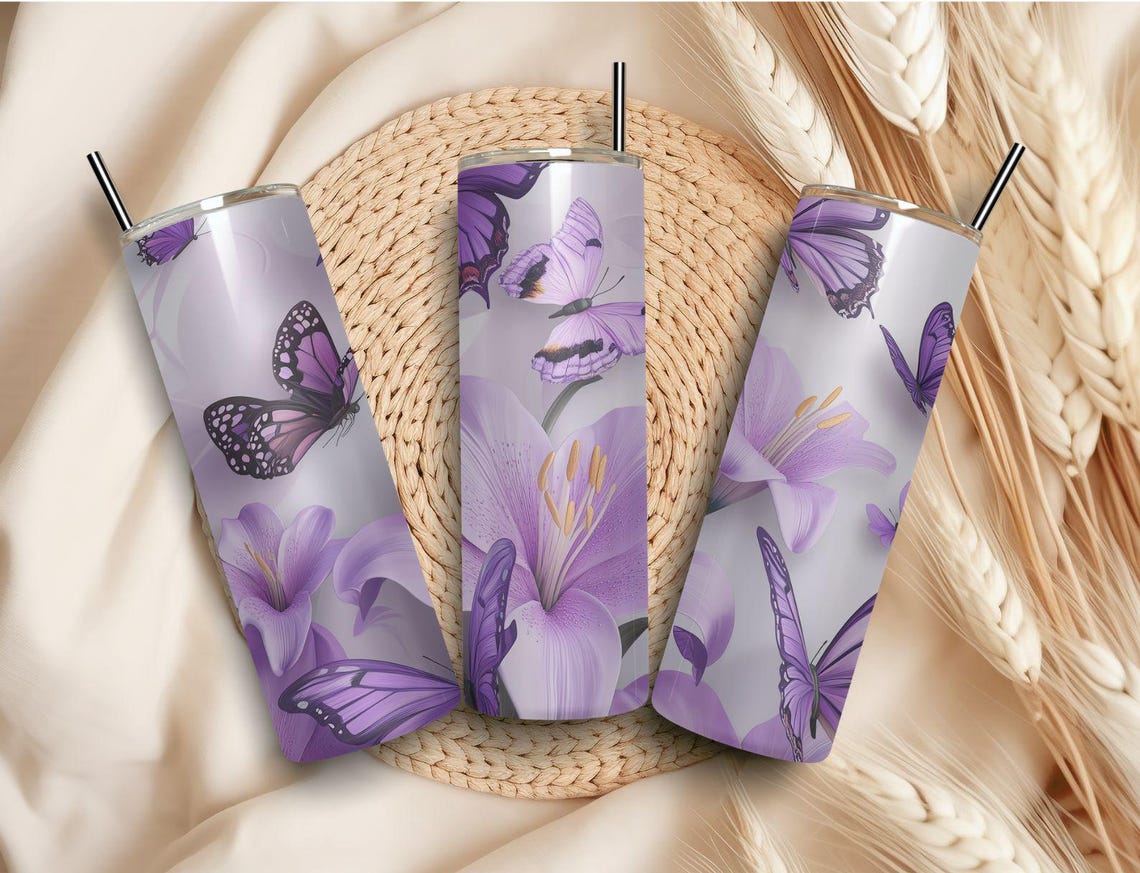 Purple Butterfly Lavender Lily Tumbler Wrap Floral Design Print - Image 5