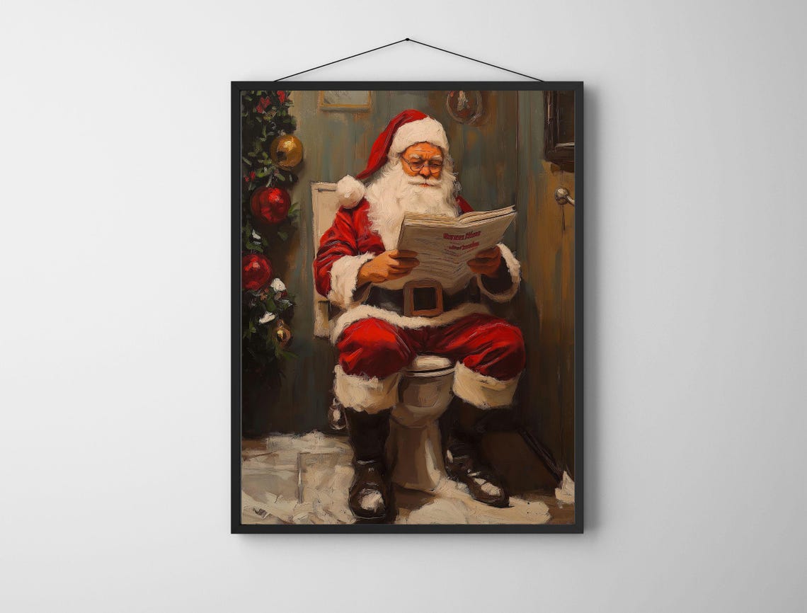 Funny Santa Claus Sitting on Toilet Reading Newspaper Bathroom Poster - Image 6