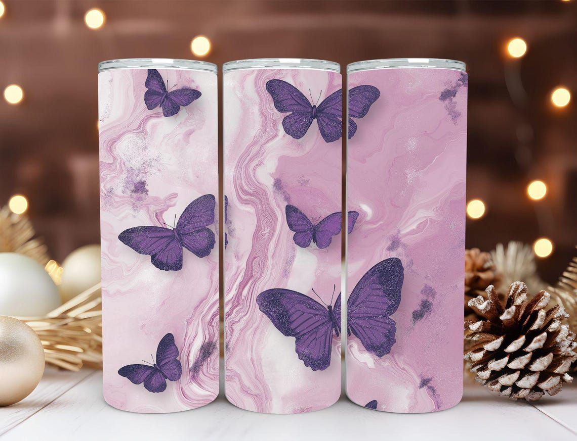 Purple Butterfly Pink Marble Swirl Tumbler Wrap Design Print