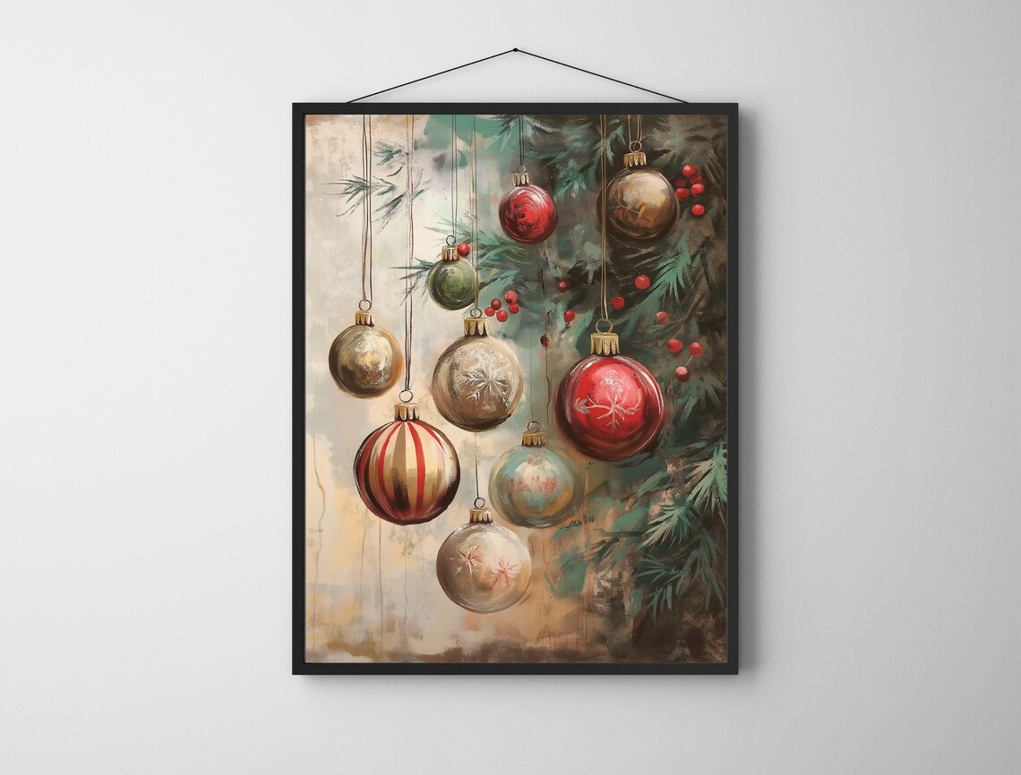Vintage Christmas Ornaments Hanging Baubles Pine Holiday Art Poster - Image 5
