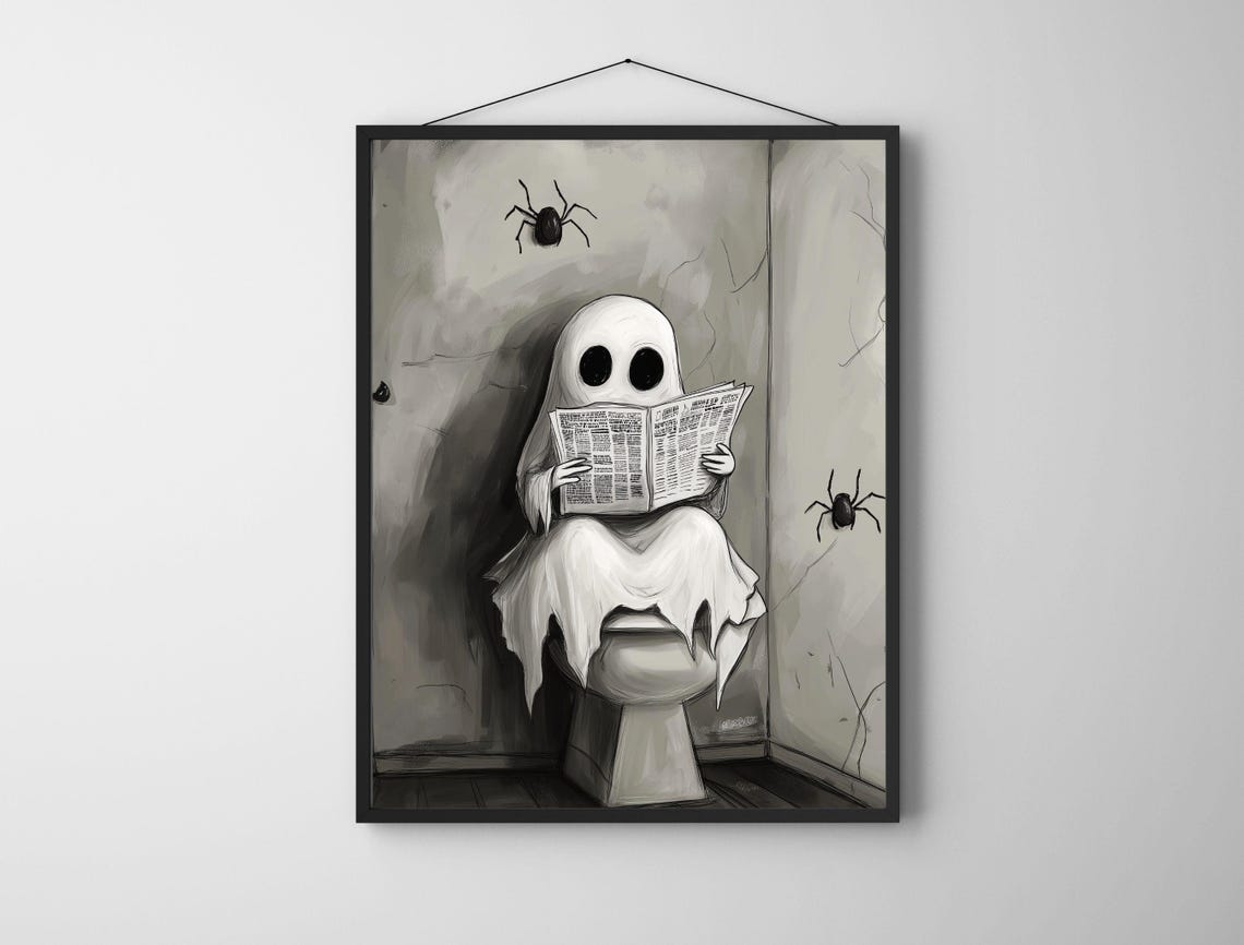 Funny Ghost Reading Newspaper on Toilet Bathroom Humor Poster - Image 7