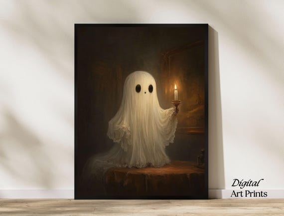 Cute Small Ghost Holding Candle Victorian Panting Dark Academia Room Decor Instant Spooky Halloween Ghost Art