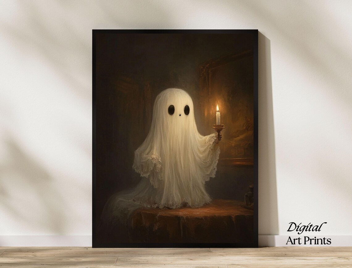 Cute Lace Trim Ghost Holding Candle Dark Room Halloween Poster