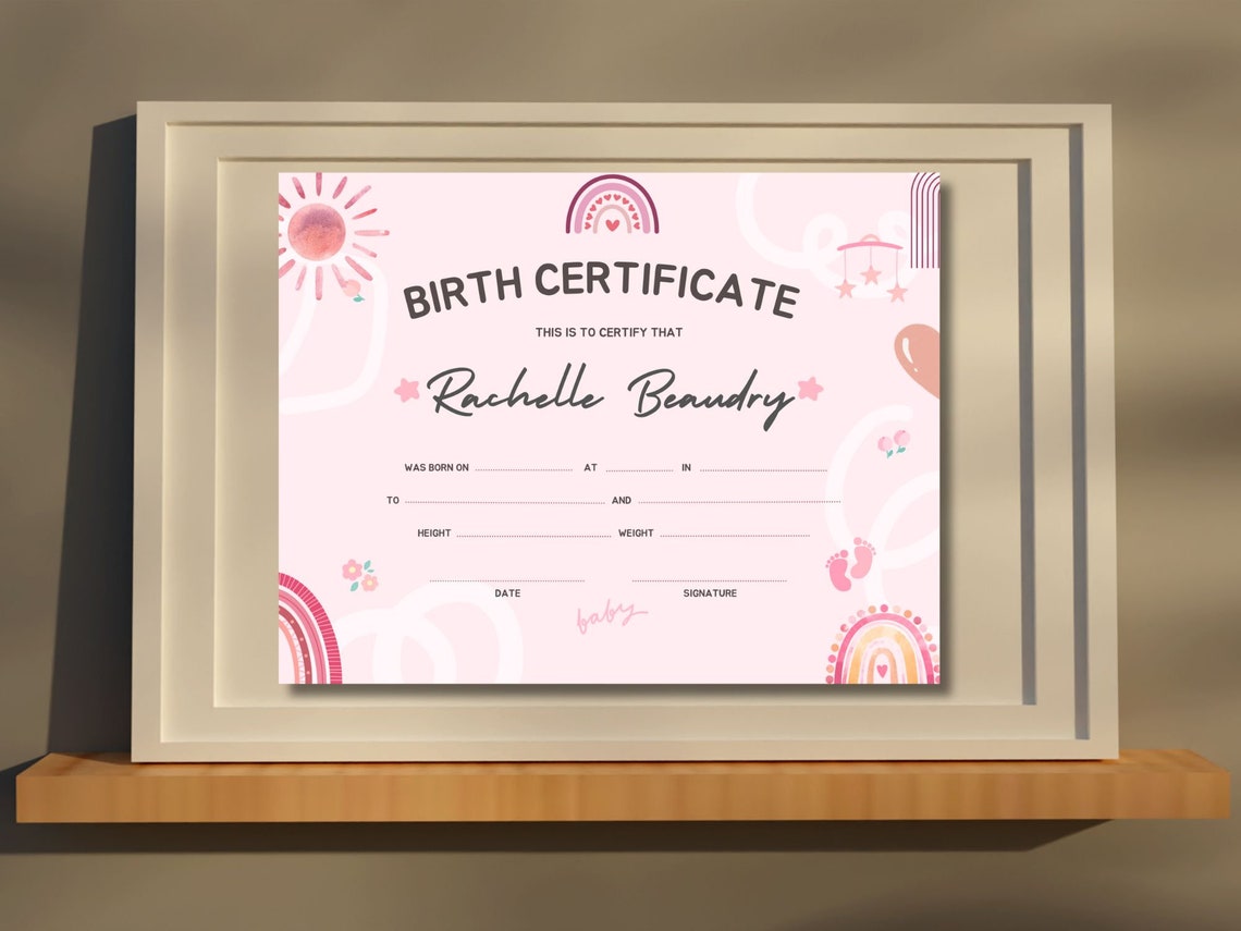 Editable Baby Birth Certificate Template Pink Boho Rainbow Canva Print - Image 4