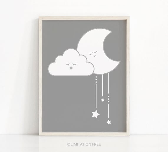 Moon and Stars Nursery Art Print, Gray Gender Neutral