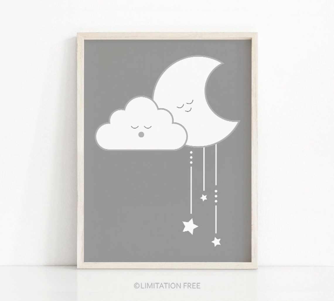 Moon and Stars Nursery Art Print, Gray Gender Neutral