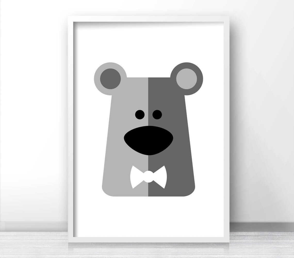 Gray Geometric Bear Head With Bow Tie Baby Nursery Animal Poster Wall Decor - Image 4