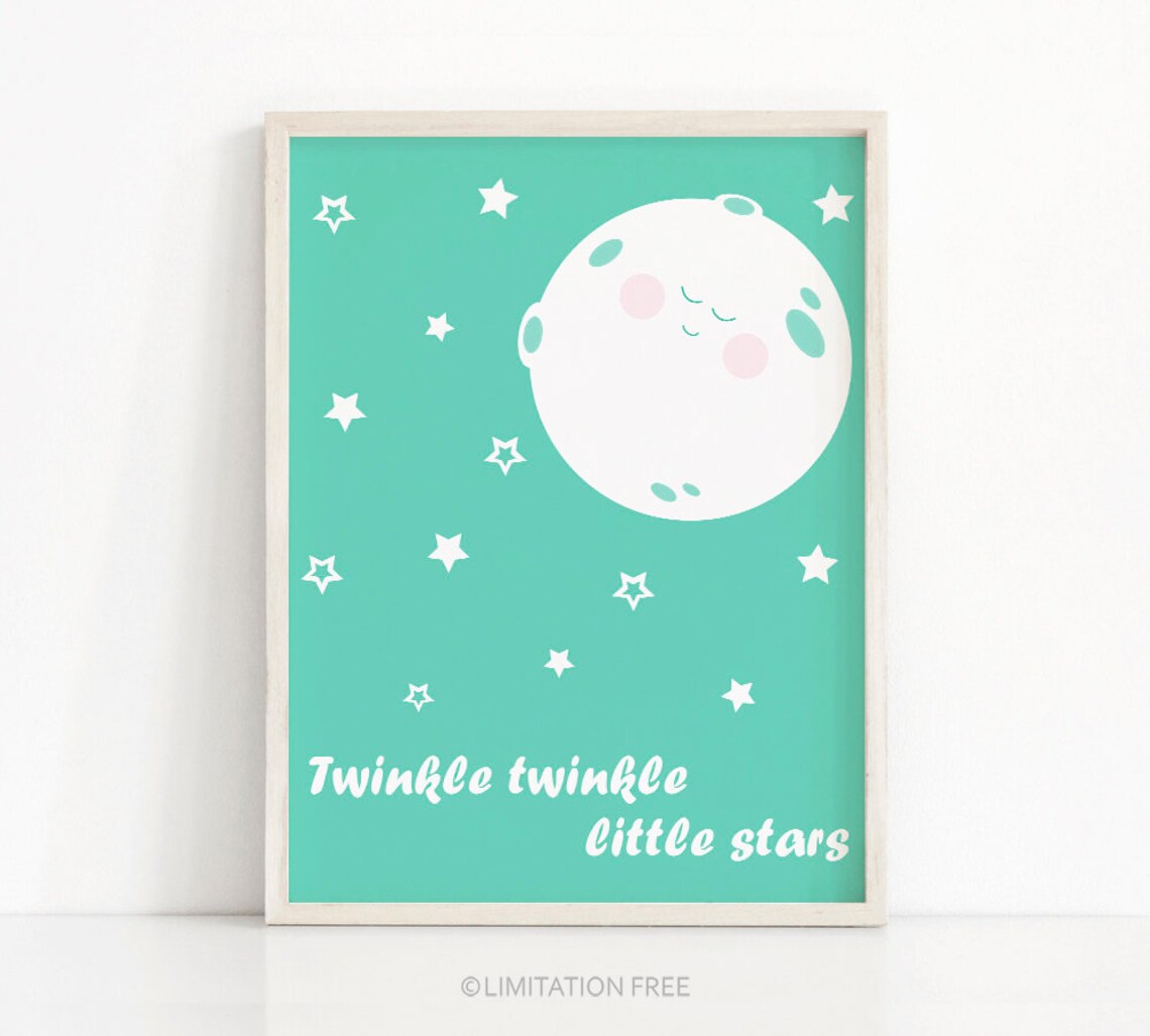 Twinkle Twinkle Little Stars Moon Mint Nursery Wall Poster Baby Decor