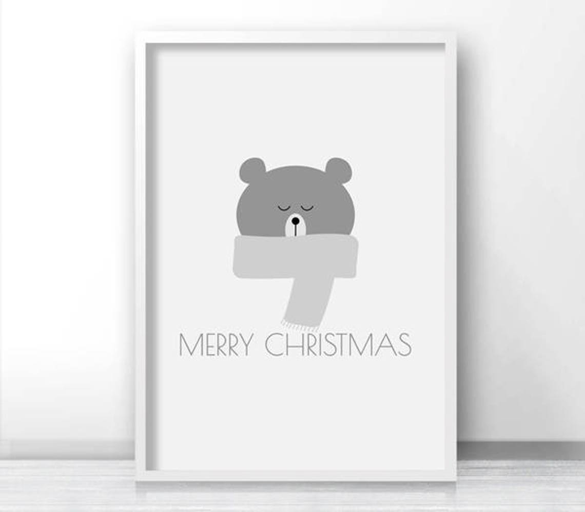 Sleepy Gray Bear With Scarf Merry Christmas Minimalist Kids Print - Image 2