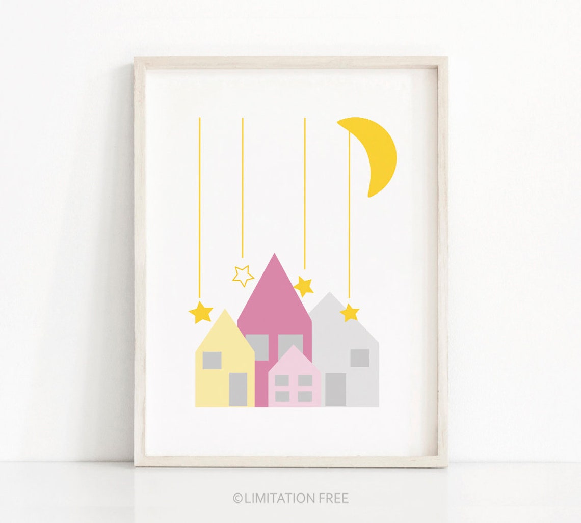 Nursery Art Moon And Stars Nursery Wall Art Baby Girl Nursery Wall Art Little Houses Nursery Printables Nursery Print Girls Room Print