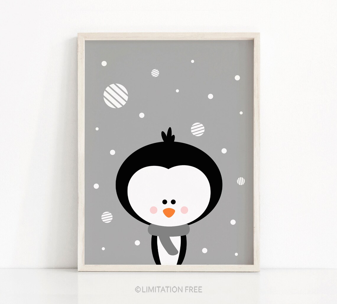 Cute Penguin Wearing Gray Scarf In Snow Winter Christmas Nursery Print