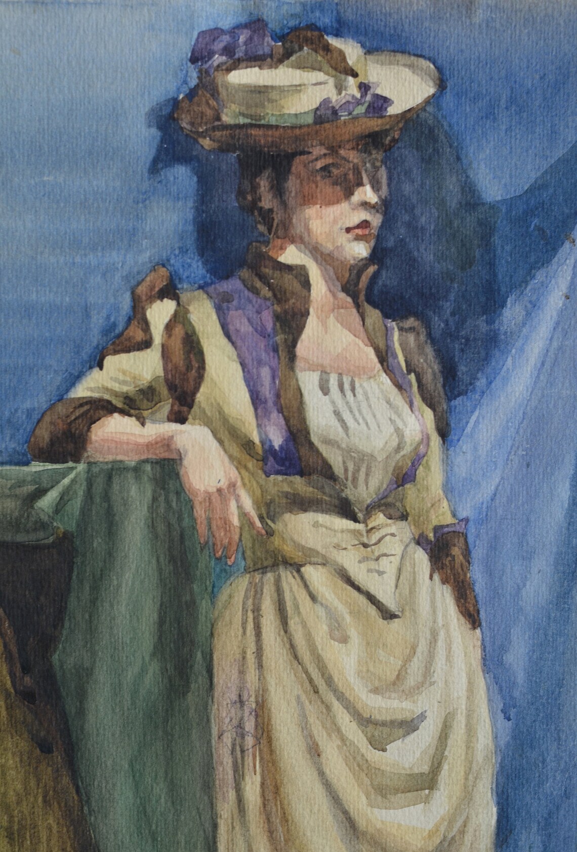 Antique Watercolor Female Portrait Woman in Cream Gown Blue Drapery Art Print - Image 3