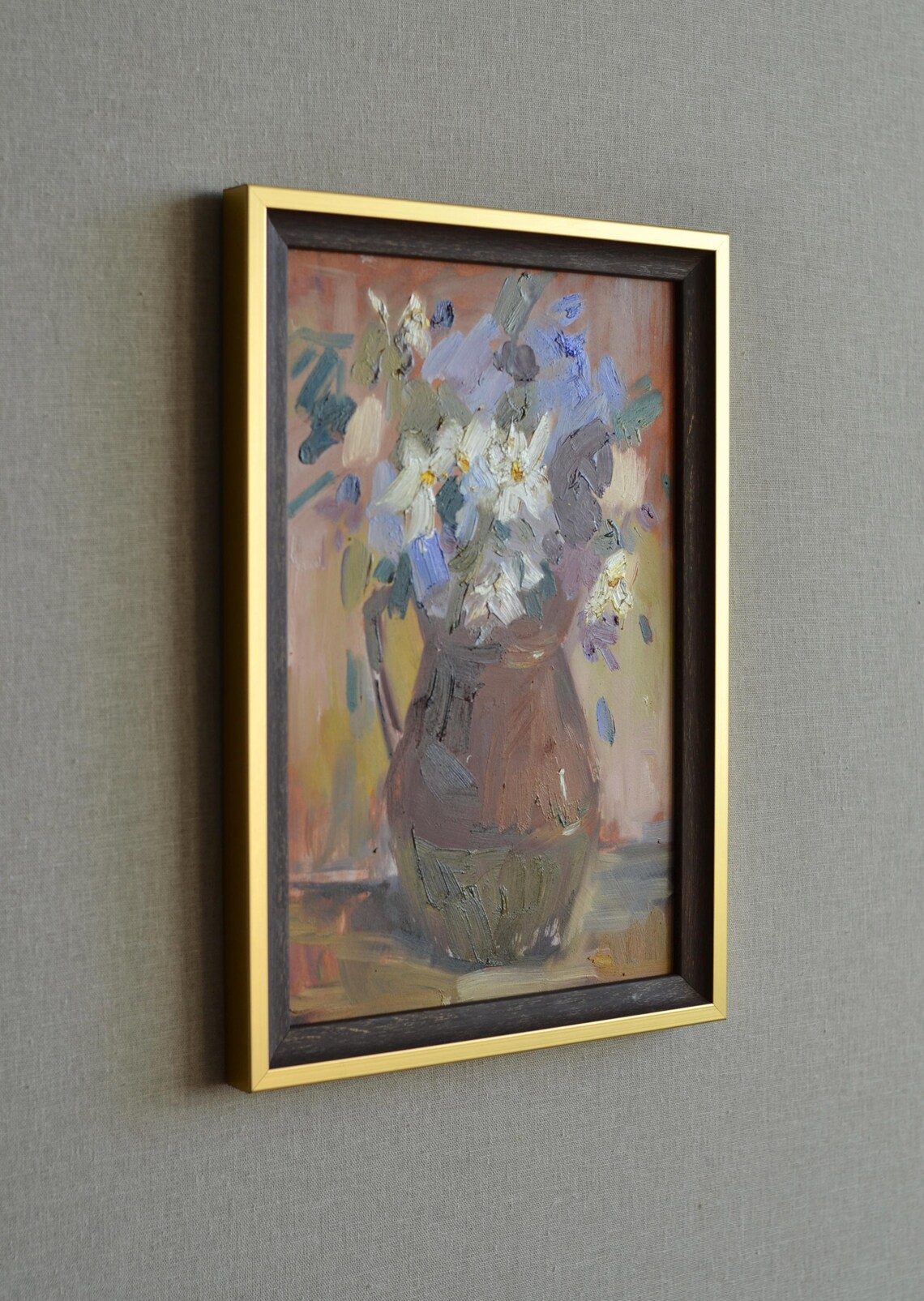 Original Floral Still Life Oil Painting Impressionistic Colorful Bouquet Of Wild Flowers In A Vase Framed Wall Art European Fine Art - Image 3