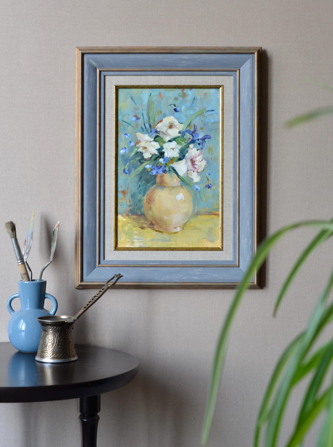 Original Floral Still Life Oil Painting Bright Bouquet Of White And Blue Flowers In A Vase Framed Wall Art European Fine Art One Of A Kind - Image 3