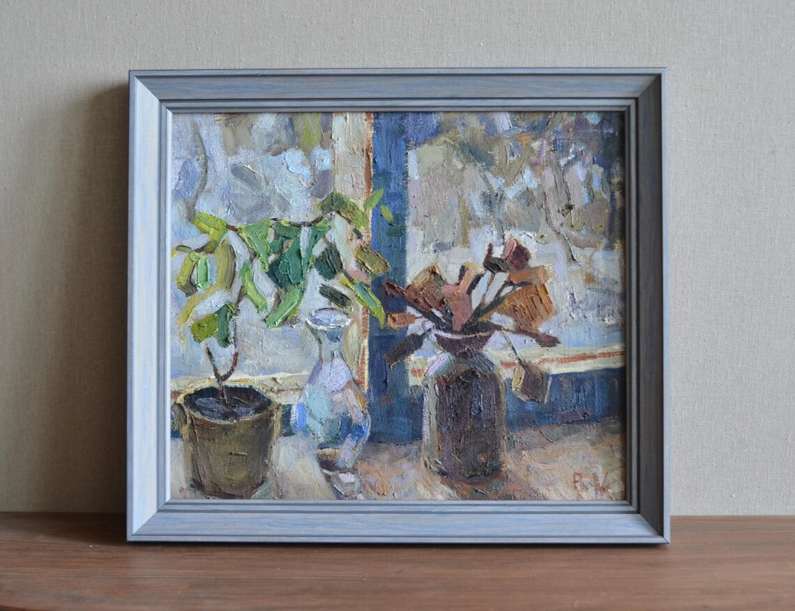Original Framed Oil Painting On Canvas Winter Still Life With Flowers And Glass Vase By The Window European Fine Art One Of A Kind Unique - Image 3