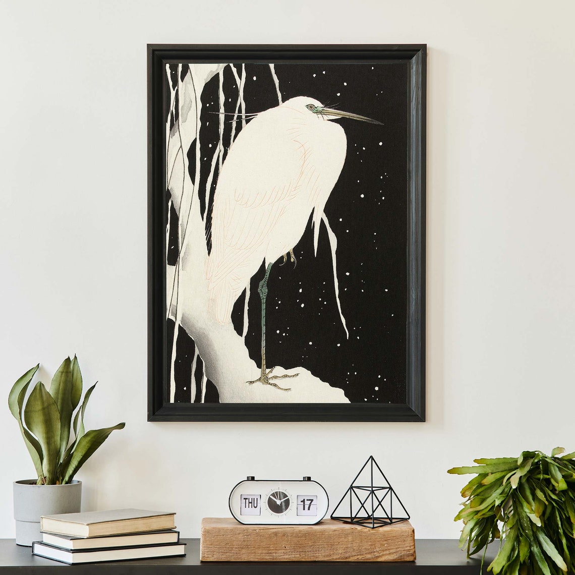 Ohara Koson White Heron Standing In Snow Black Background Poster - Image 2