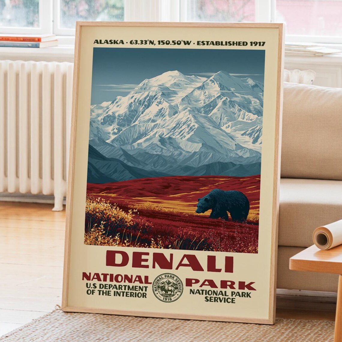 Denali National Park Alaska WPA Vintage Travel Poster Snowy Peak