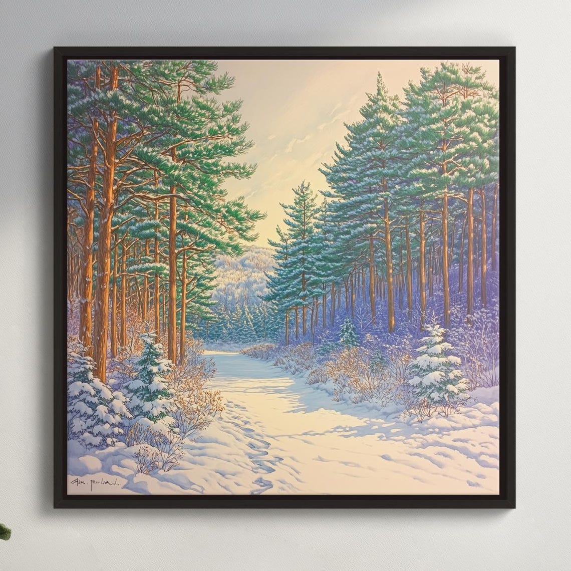 Snowy Pine Forest Path Winter Wonderland Morning Light Art Poster