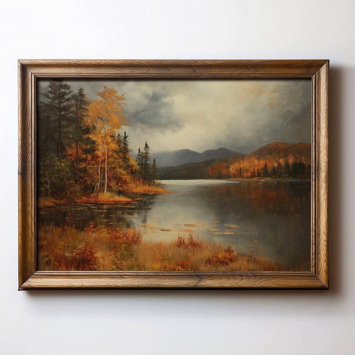 Moody Vintage Fall Lake Landscape with Golden Birch Trees Poster