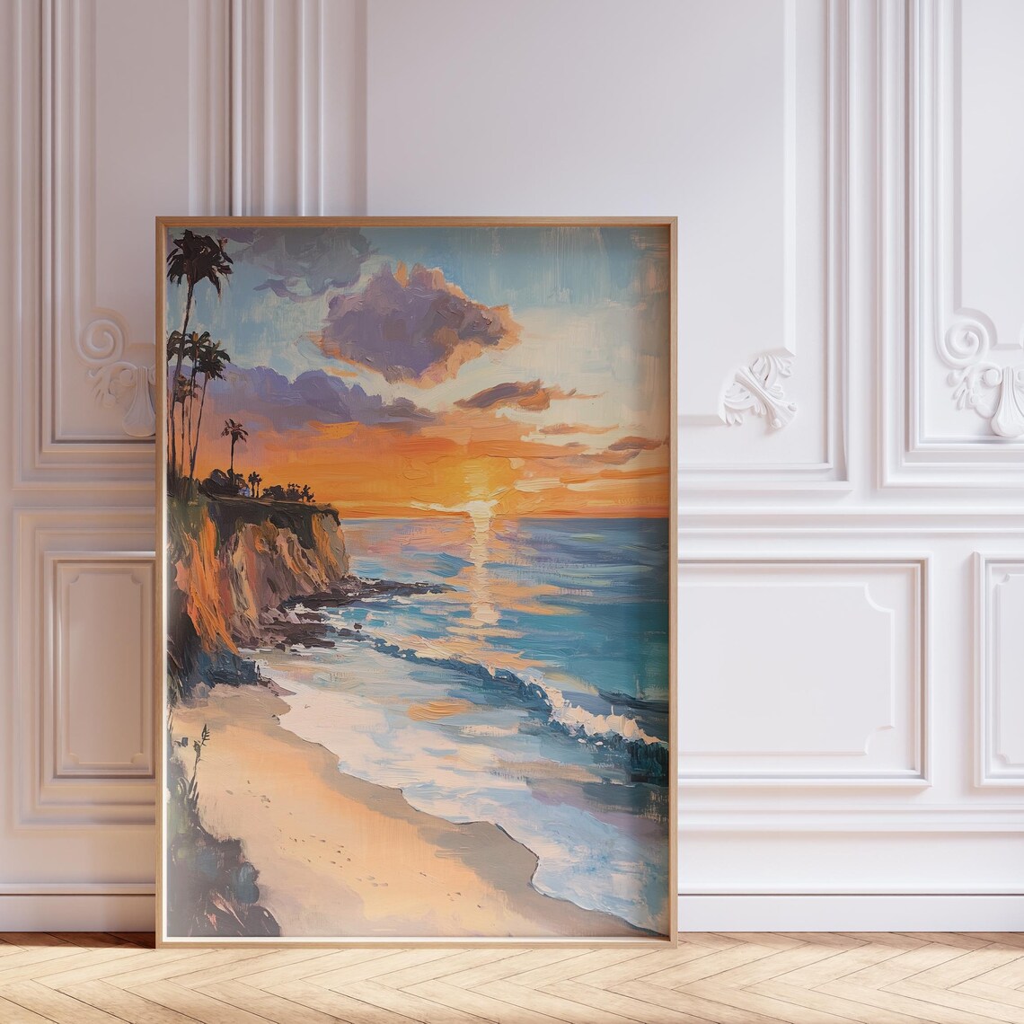 Sunset Cove Cliffs Painting Palms Golden Hour Coastal Ocean Poster