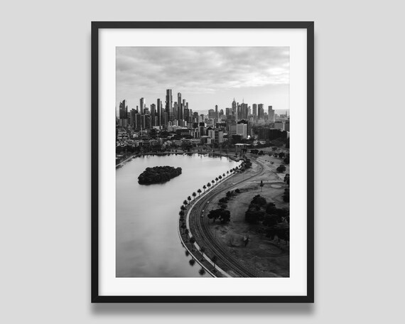 Melbourne Albert Park Lake City Skyline Black And White Photography Poster