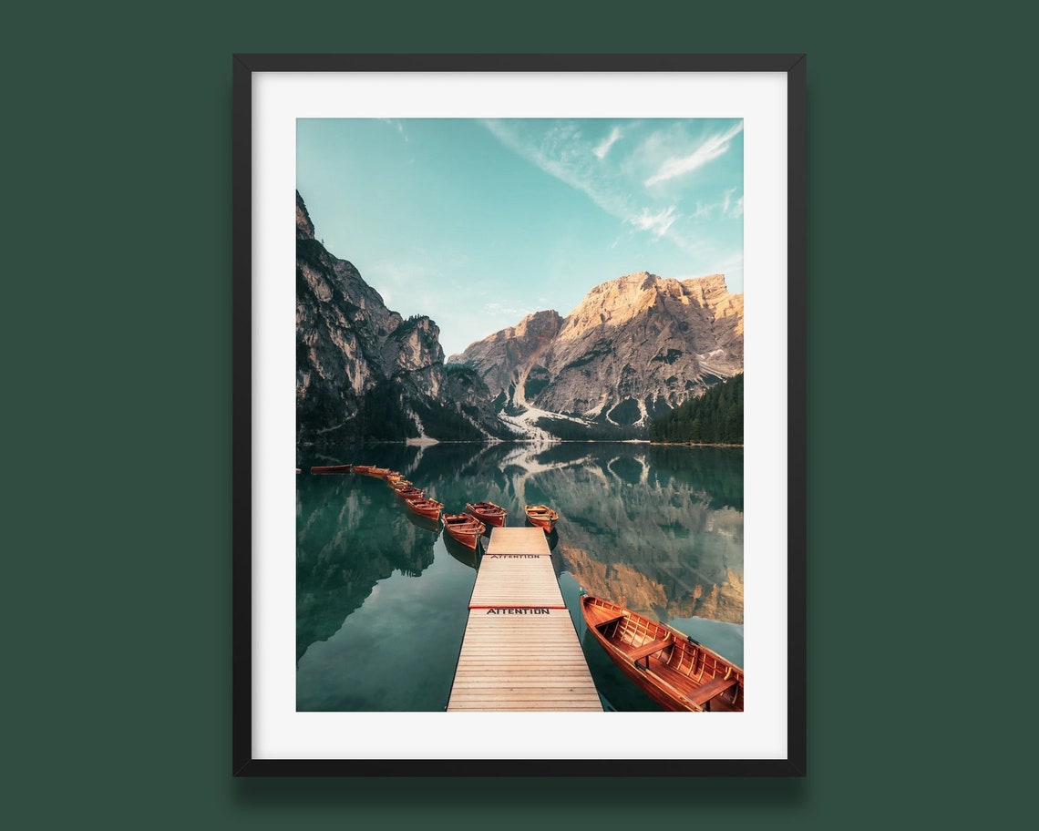 Lago Di Braies Dolomites Wooden Dock Rowboats Alpine Lake Poster