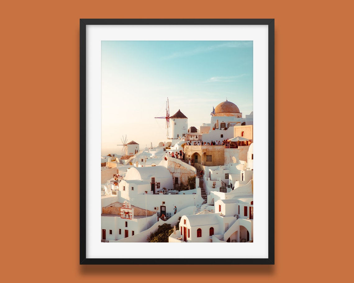 Santorini Oia Windmills Sunset White Village Greece Photography Poster
