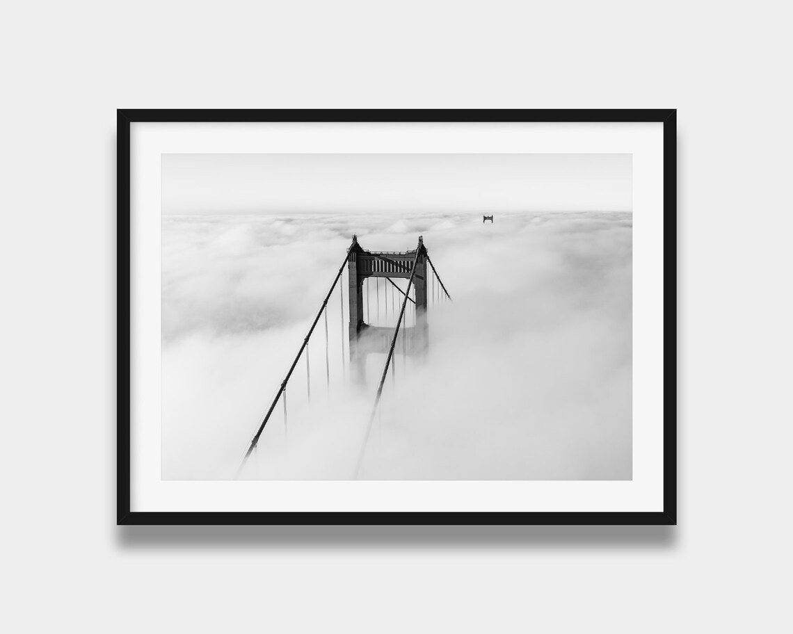 Golden Gate Bridge Fog Aerial Black And White Minimal Poster