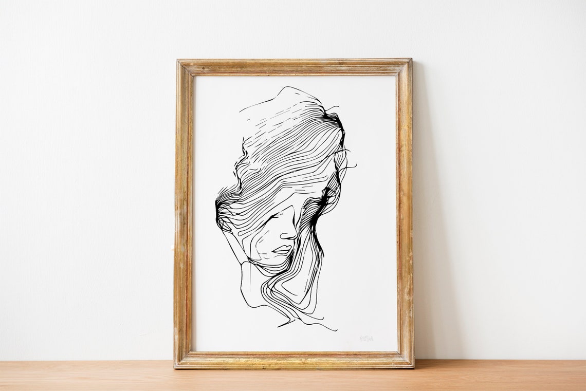 Minimalist Woman Face Line Art Flowing Hair Ink Drawing Poster - Image 5