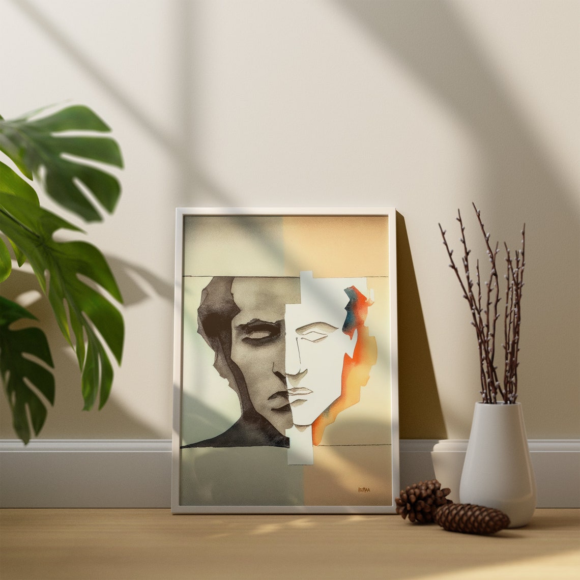 Split Face Minimalist Abstract Portrait Watercolor Modern Art Poster - Image 4