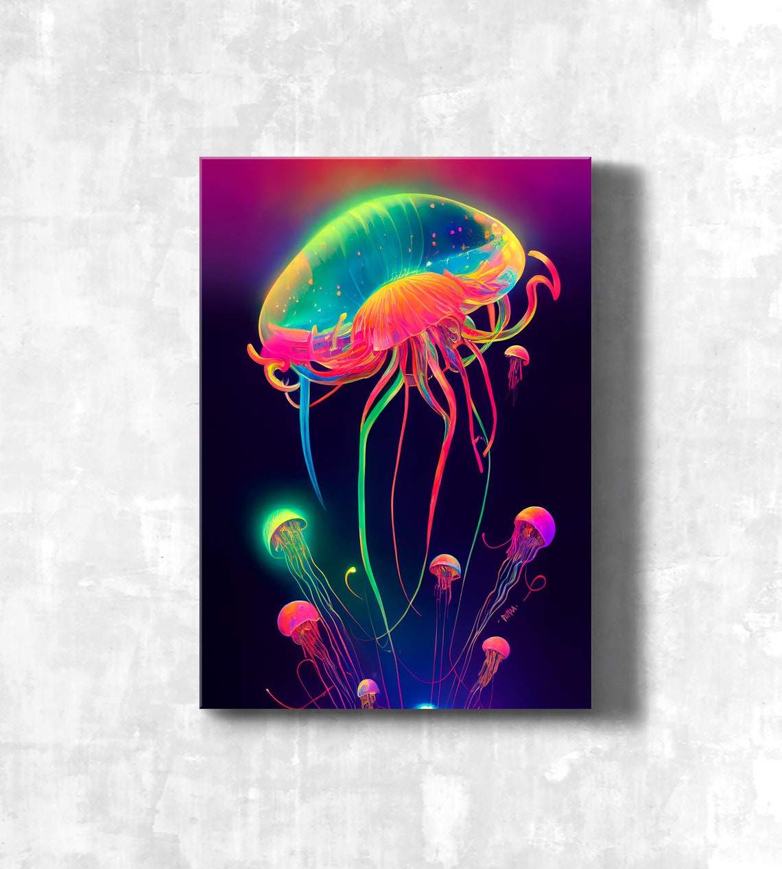 Neon Jellyfish Glowing Psychedelic Deep Ocean Life Art Poster