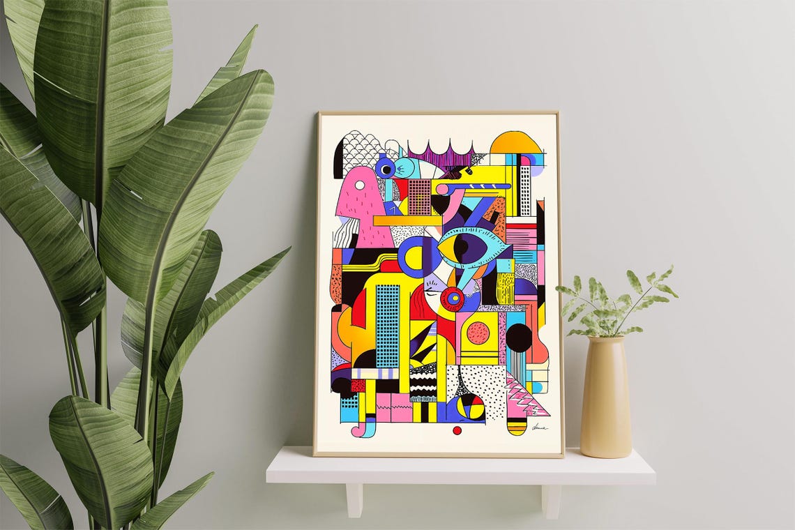 Geometric Bauhaus Style Abstract Shapes Pink Yellow Blue Art Poster - Image 2