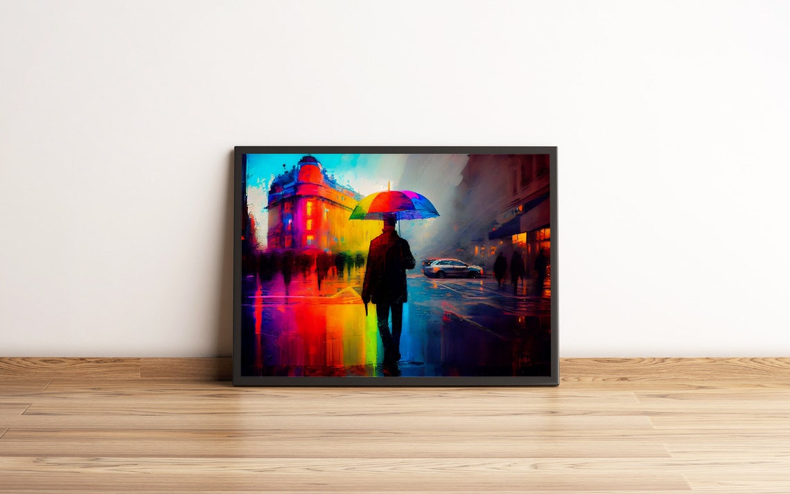Rainbow Colors Gun Man Oil Painting With Colorful Umbrella Rainy Street Of City Wall Art - Image 5