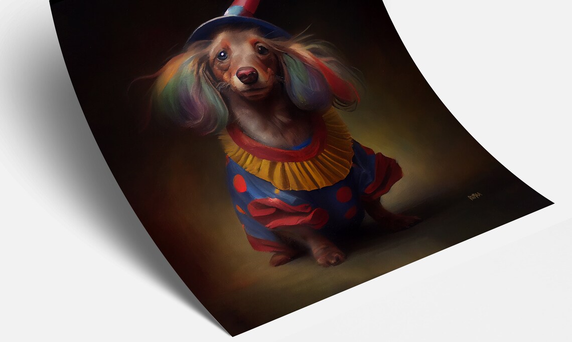Dachshund in Clown Costume Funny Dog Oil Style Painting Poster - Image 4