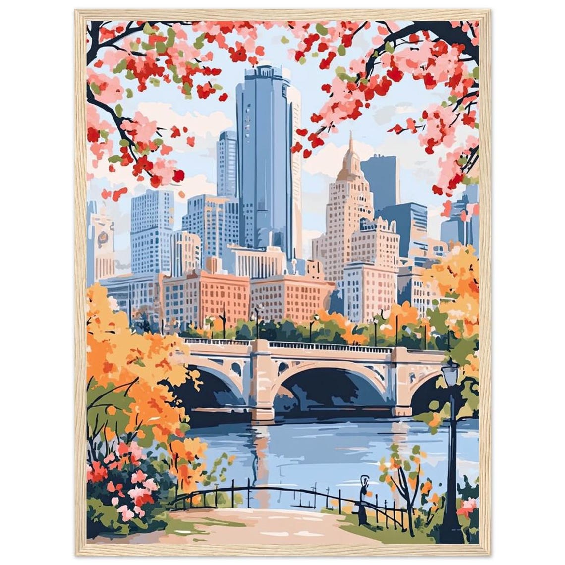 Minneapolis Skyline Spring Blossoms Watercolor Cityscape Poster