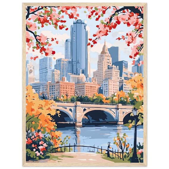 Minneapolis Skyline Spring Blossoms Watercolor Cityscape Poster