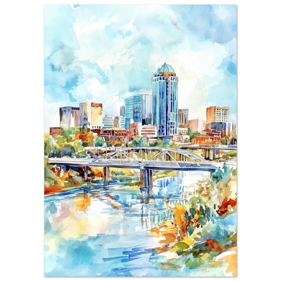 Shreveport Louisiana Riverfront Skyline Watercolor Travel Poster