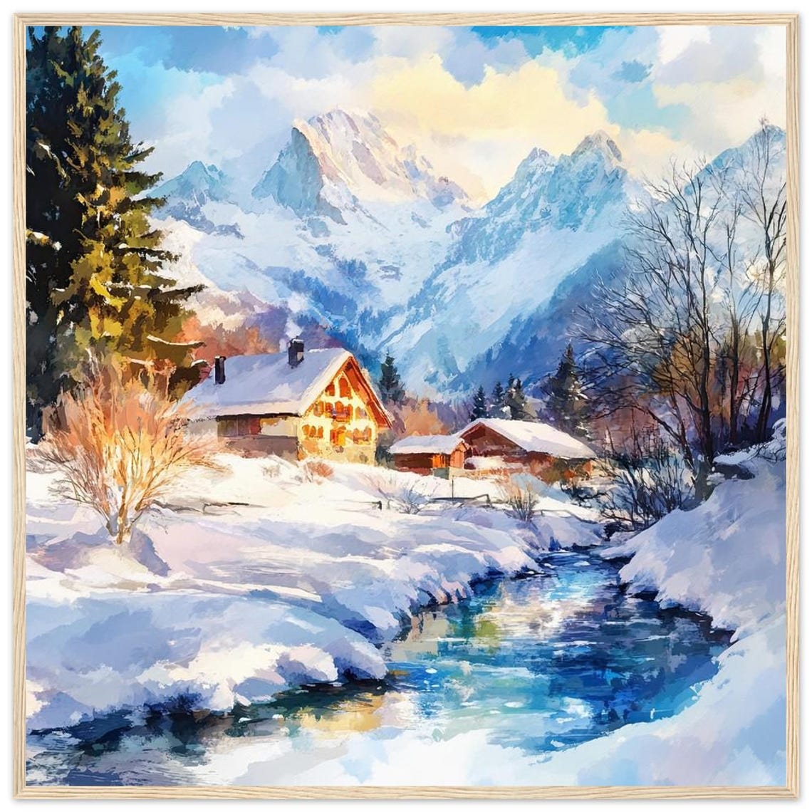 Winter In The Alps Snowy Chalets By A Stream Watercolor Poster