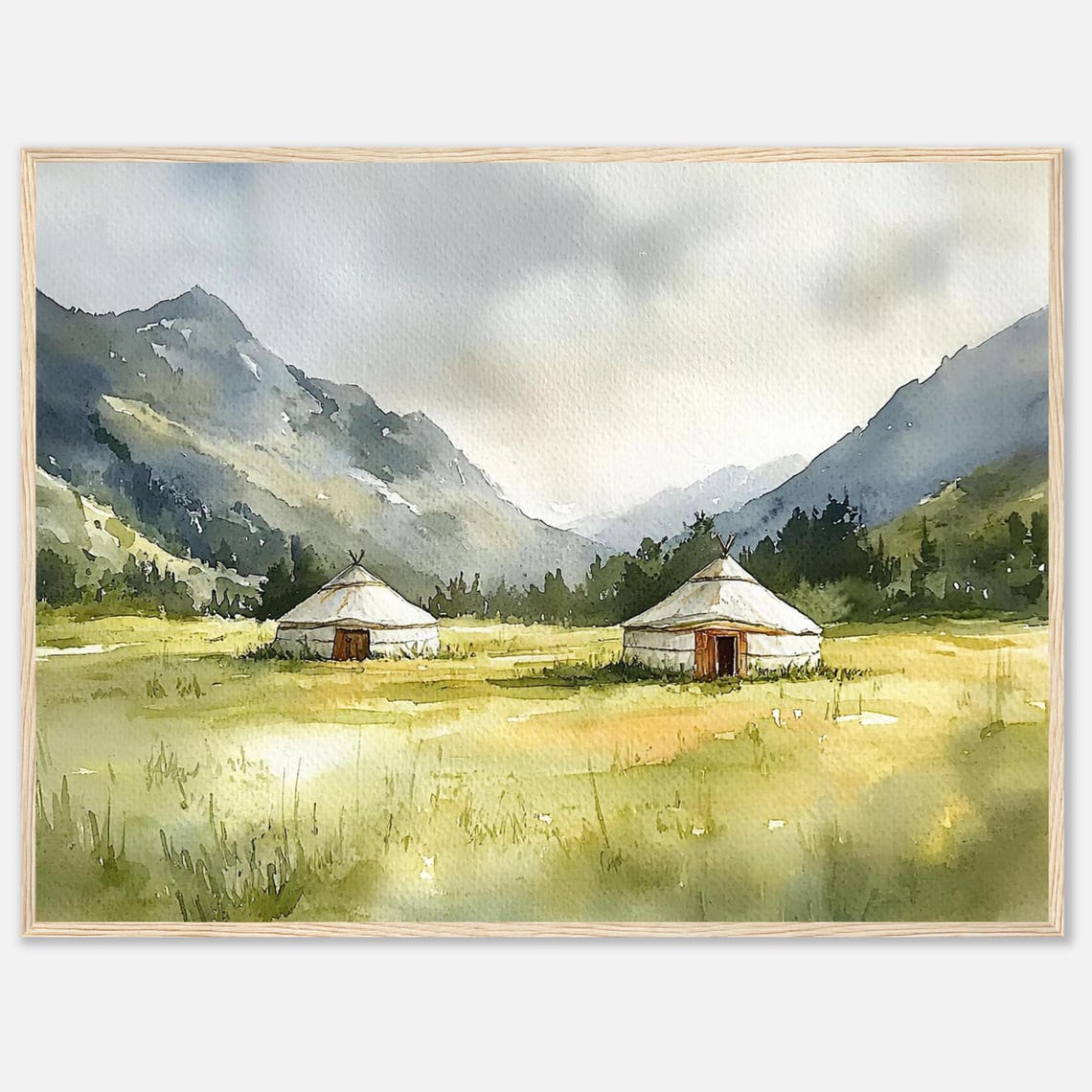 Kyrgyzstan Steppe Yurts Mountain Valley Watercolor Art Poster