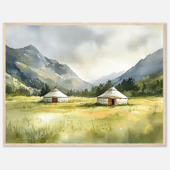 Kyrgyzstan Steppe Watercolor Print Nomadic Yurt Wall Art Mountain Landscape Central Asia Nature By Nataliaayuart