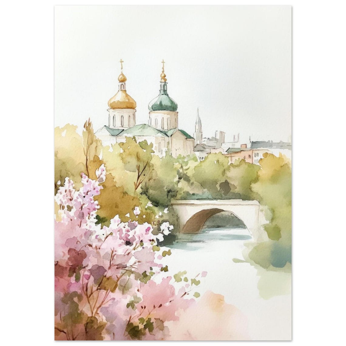 Kyiv Ukraine Watercolor Cathedral Domes Cherry Blossom Poster