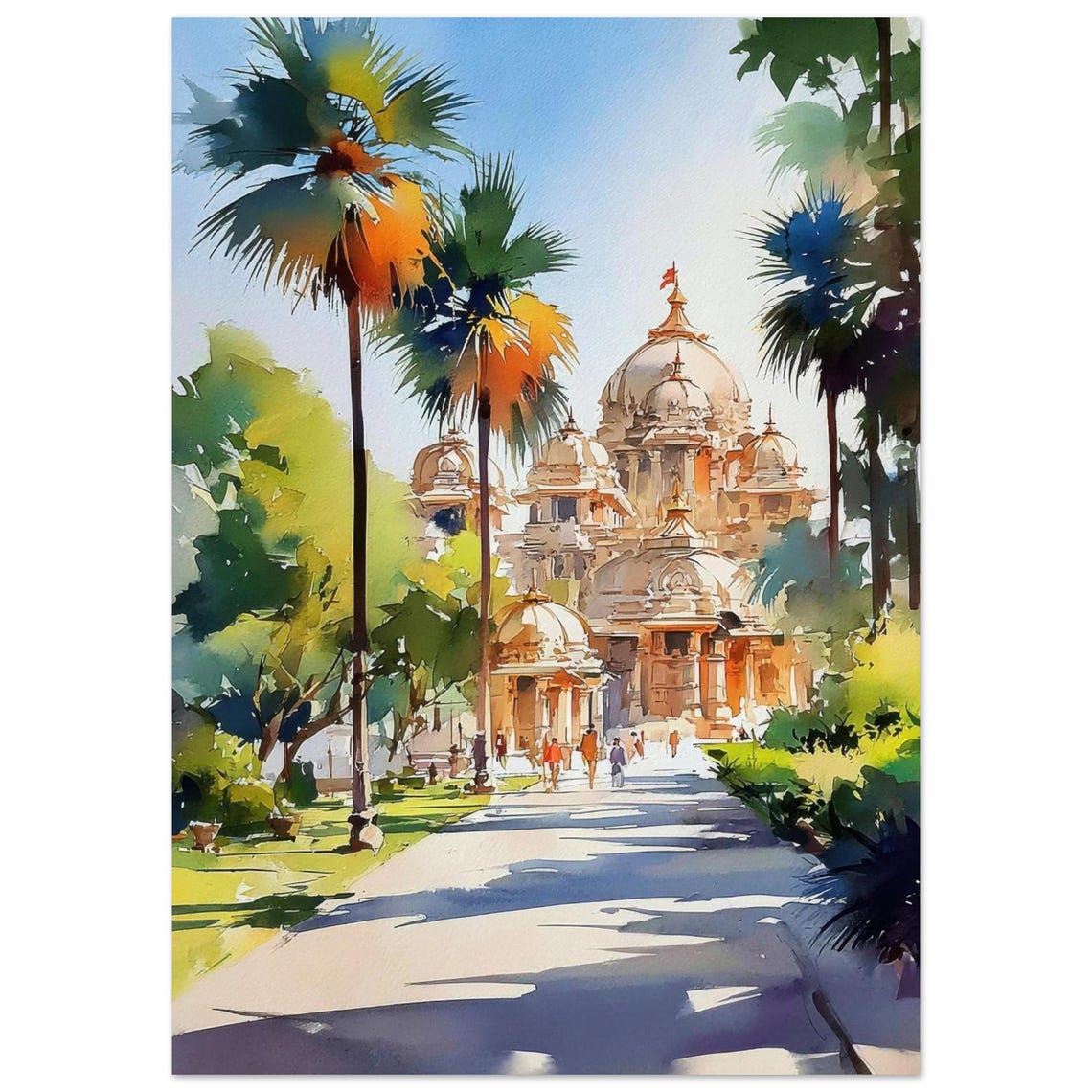 Akshardham Temple Palms Watercolor Delhi India Travel Poster