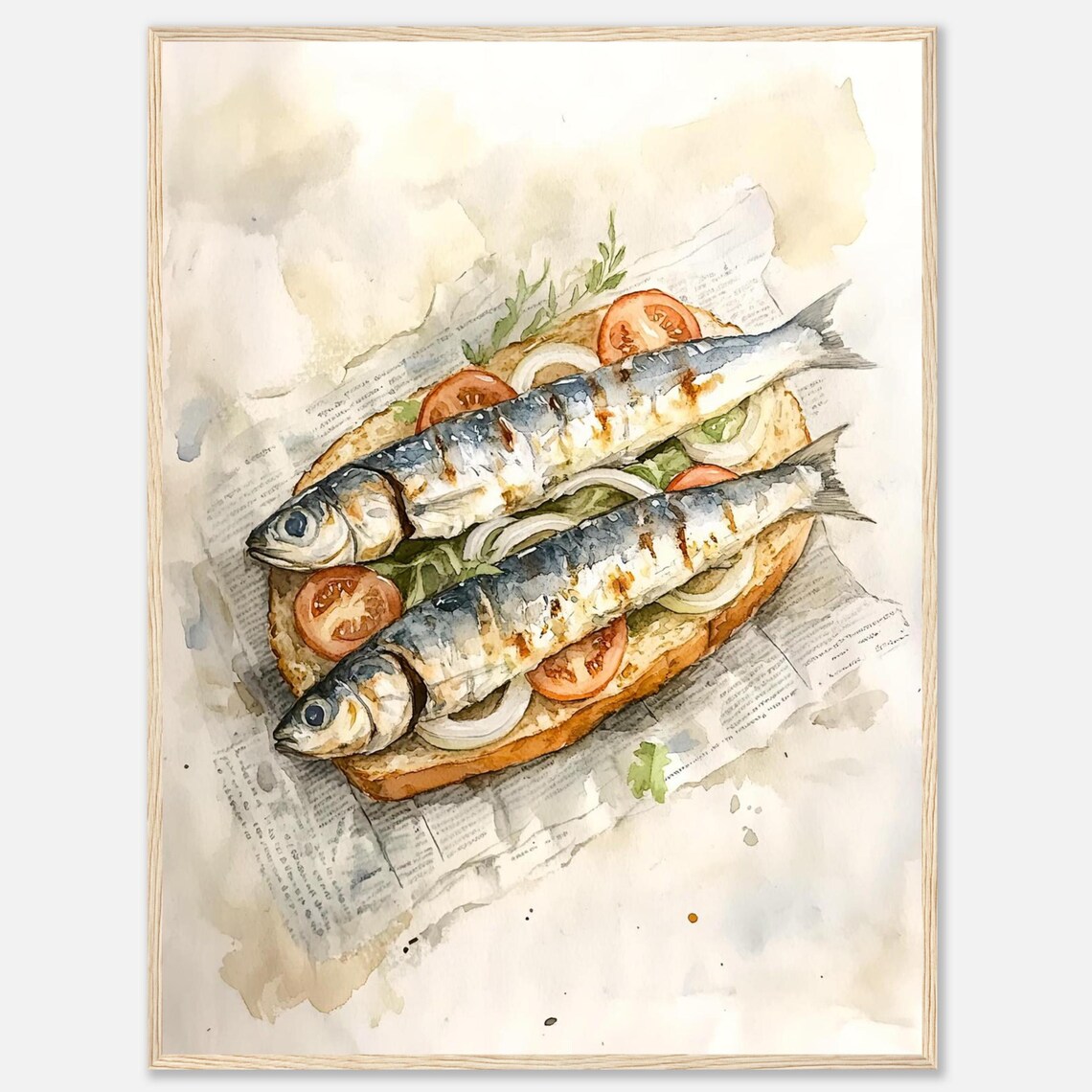 Grilled Sardine Sandwich Watercolor Tomato Onion Rustic Food Art Poster
