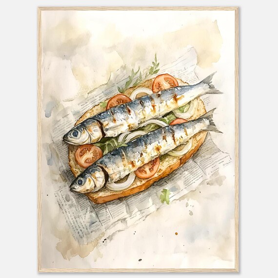 Grilled Sardine Sandwich Watercolor Tomato Onion Rustic Food Art Poster