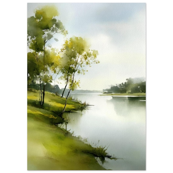 Calm Lake Reflection Trees Watercolor Landscape Painting Print
