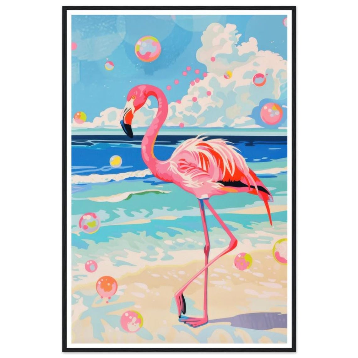 Pink Flamingo Beach Bubbles Tropical Flamingo Ocean Art Print