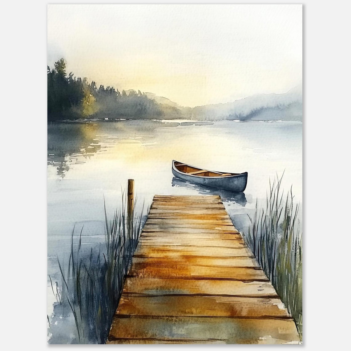 Canoe Lake Pier Watercolor Art Print, Lakeside Landscape