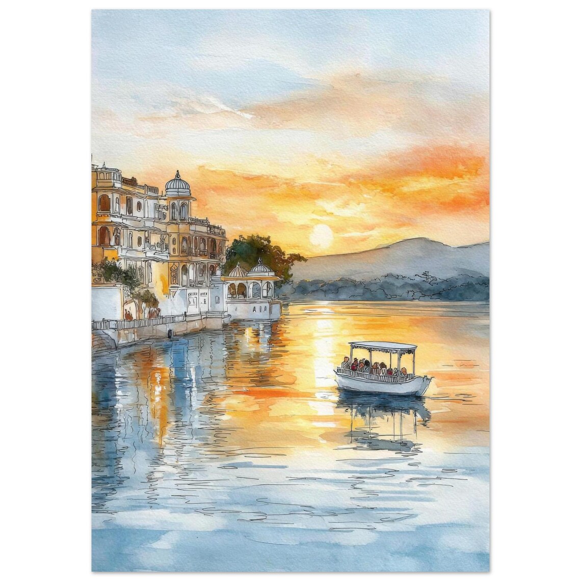 Udaipur India Watercolor Art Print, Lake Pichola